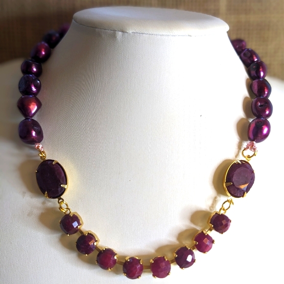 Natural Faceted Rough Ruby Approx 24 TCW. & Wine Cultured Baroque Pearl Necklace - Picture 3 of 12